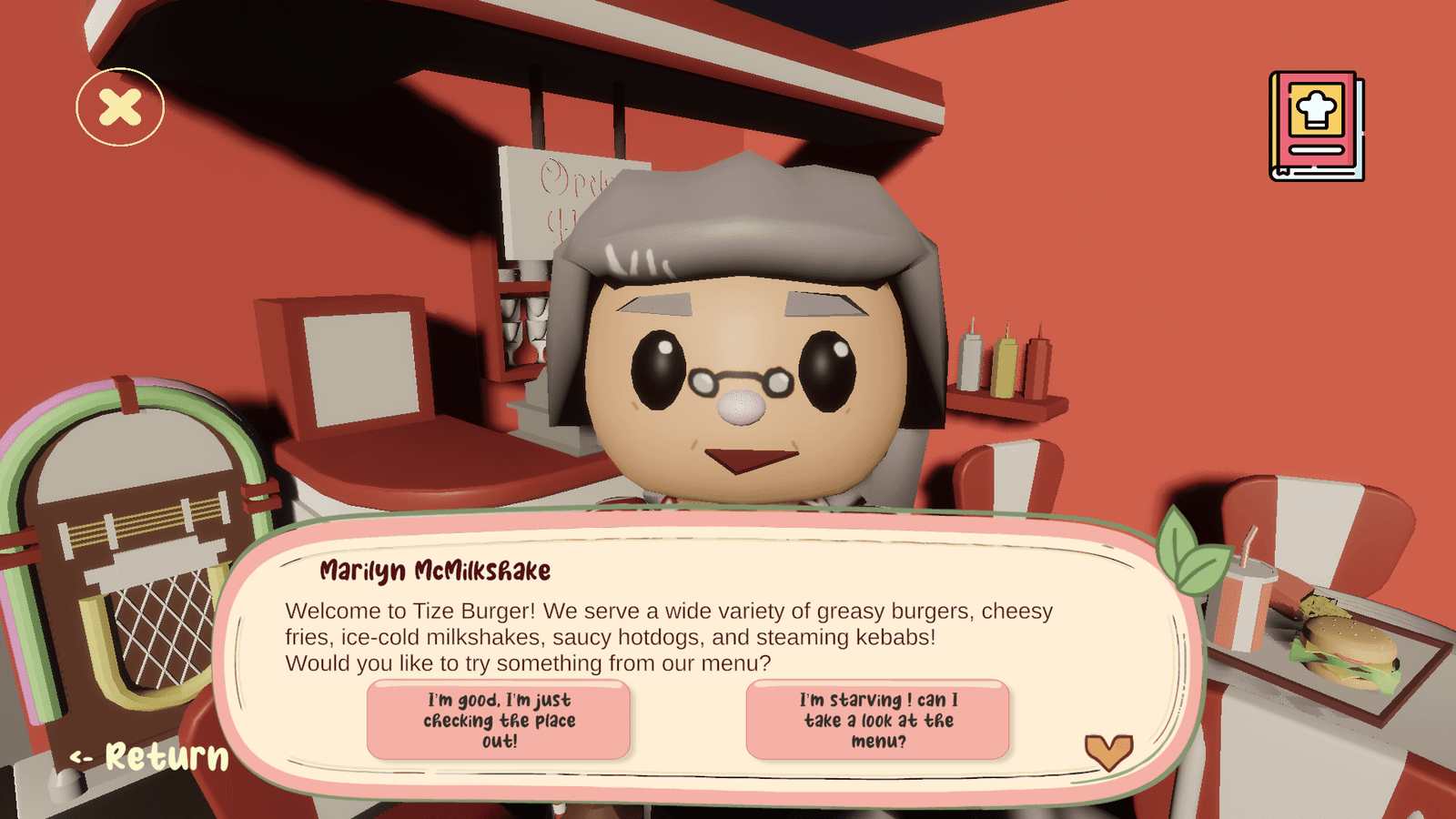 Talking to a shop owner in the game