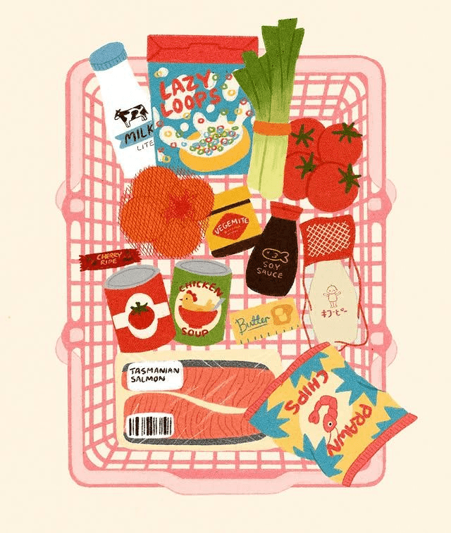 Groceries in a shopping basket illustration